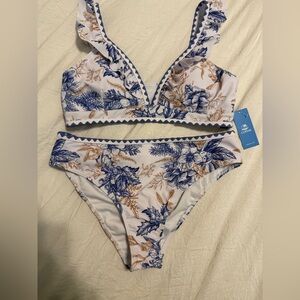 Cupshe Floral Bikini Set in Blue and Brown